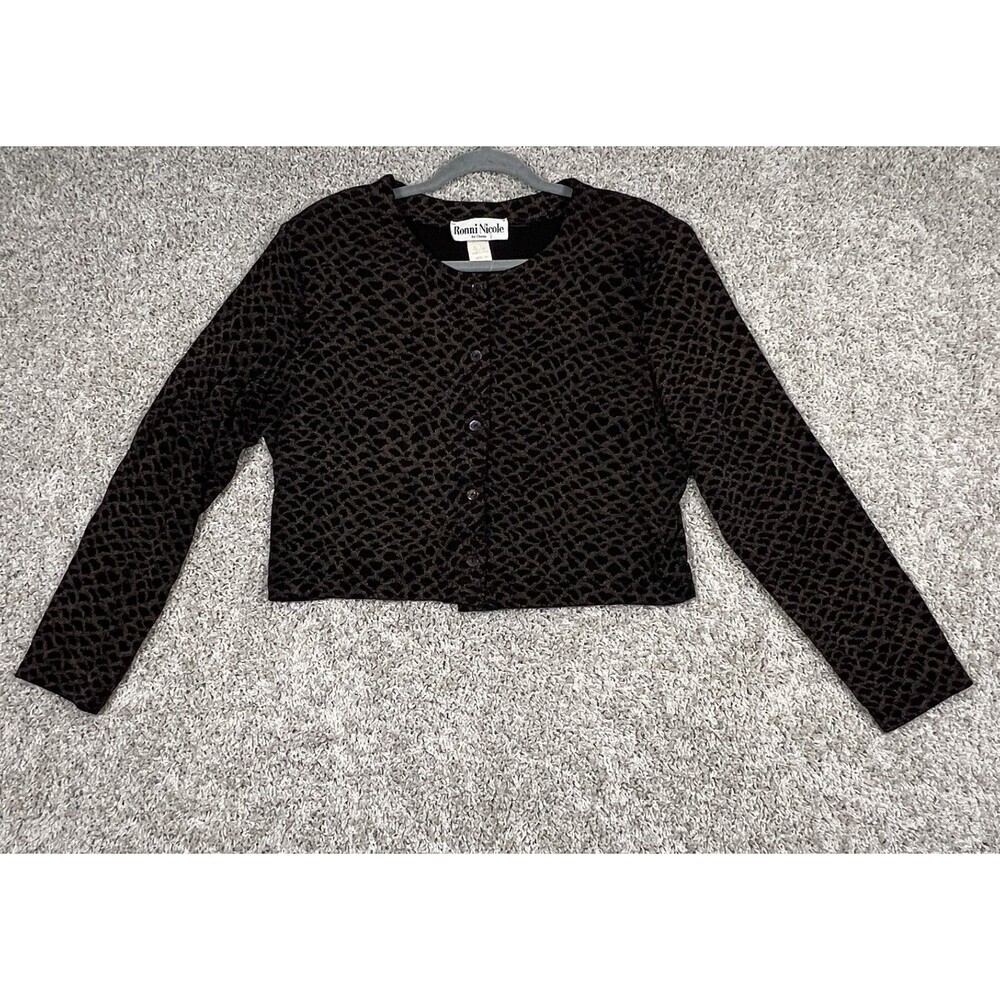 Ronni Nicole Women Brown Black Animal Print Cropped Cardigan Size M Button Front